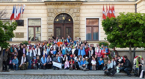 Douglas Adams fans, posing in front of the town hall in Pardubice, Czech Republic